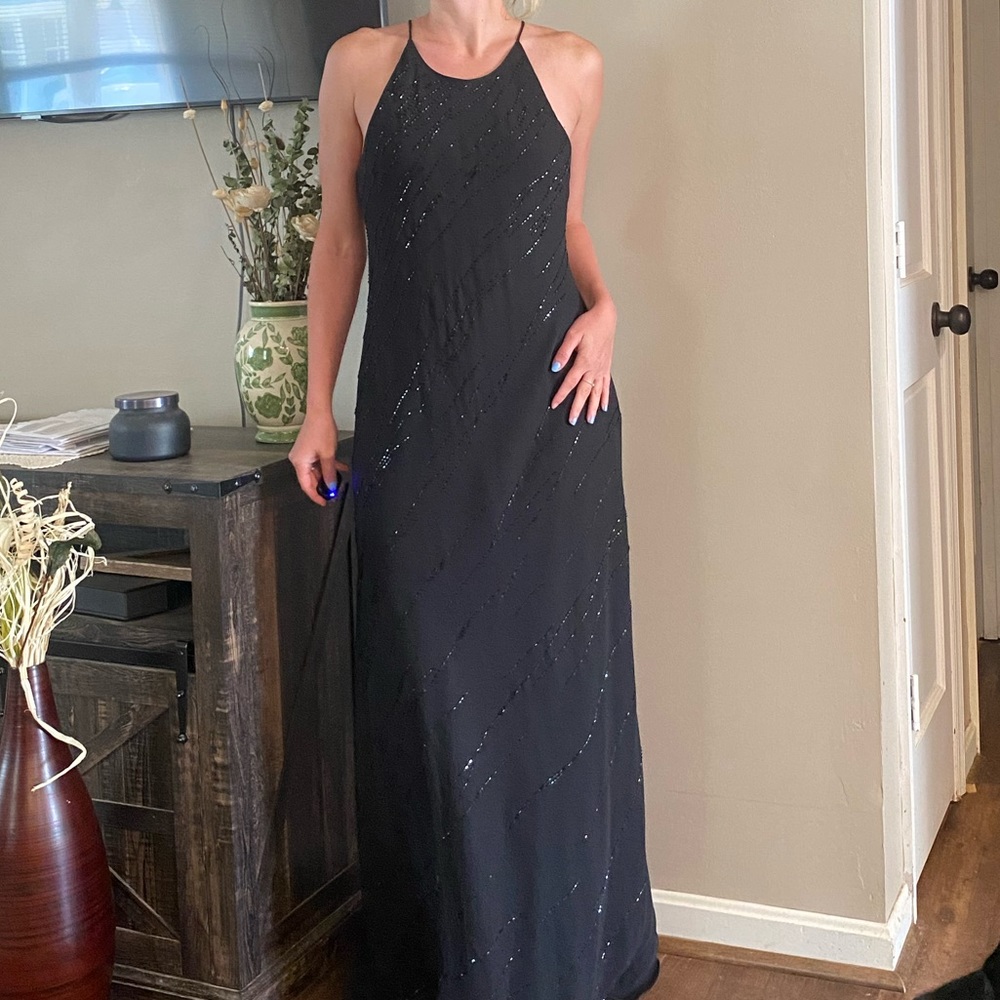 Chelsea Niles Black High-Neck Beaded Gown